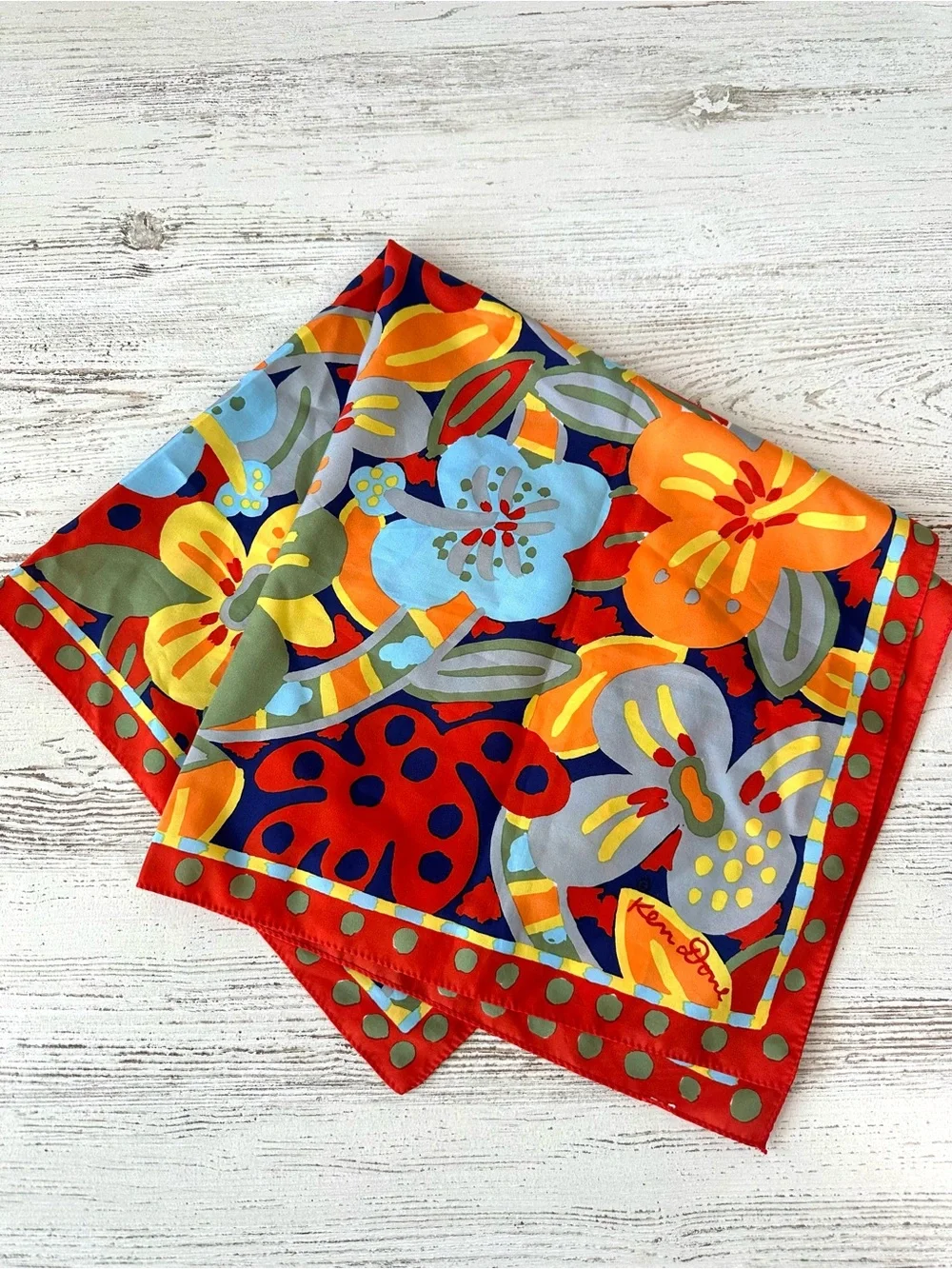 KEN DONE Vintage Floral Silk Scarf Square Art to Wear Collectible